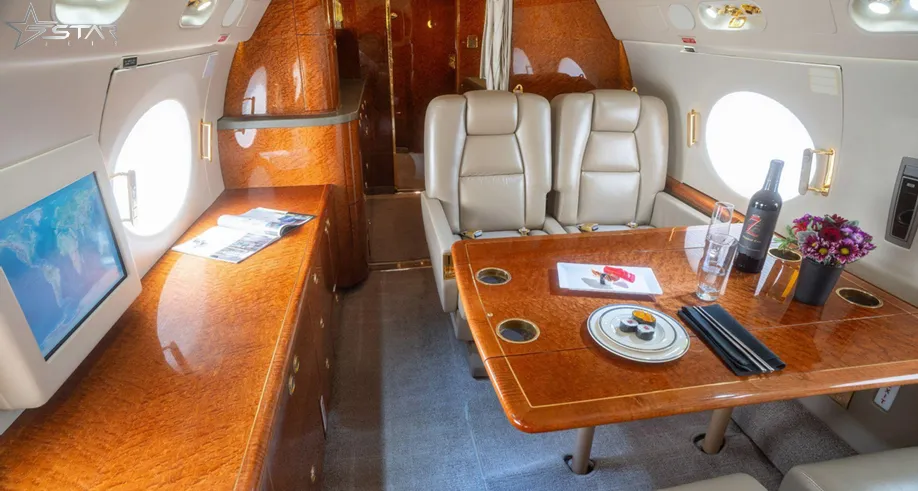 Tables unfolded from the interior of this beautiful airplane