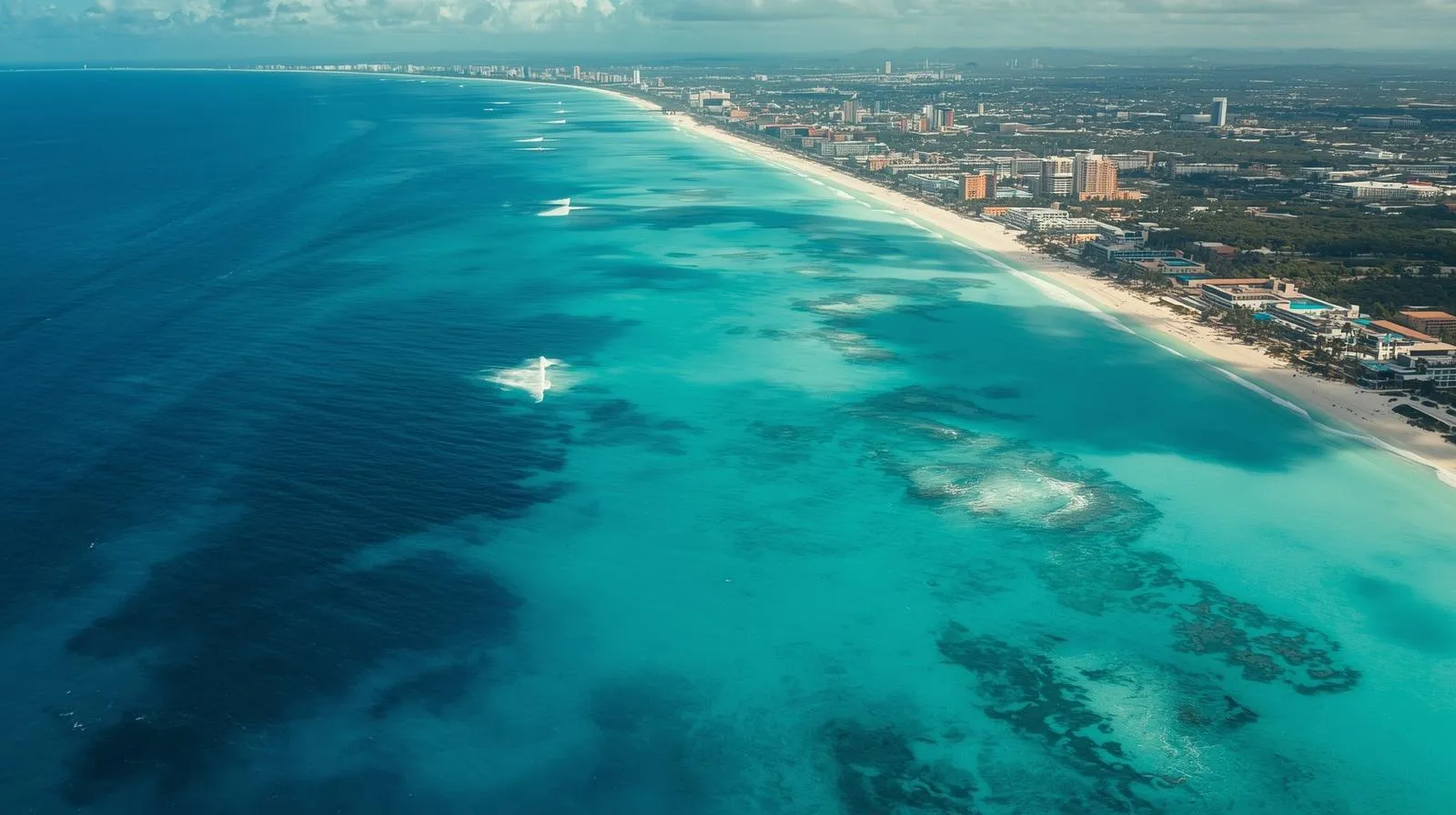Luxury private jet arriving in Cancun over the Caribbean sea