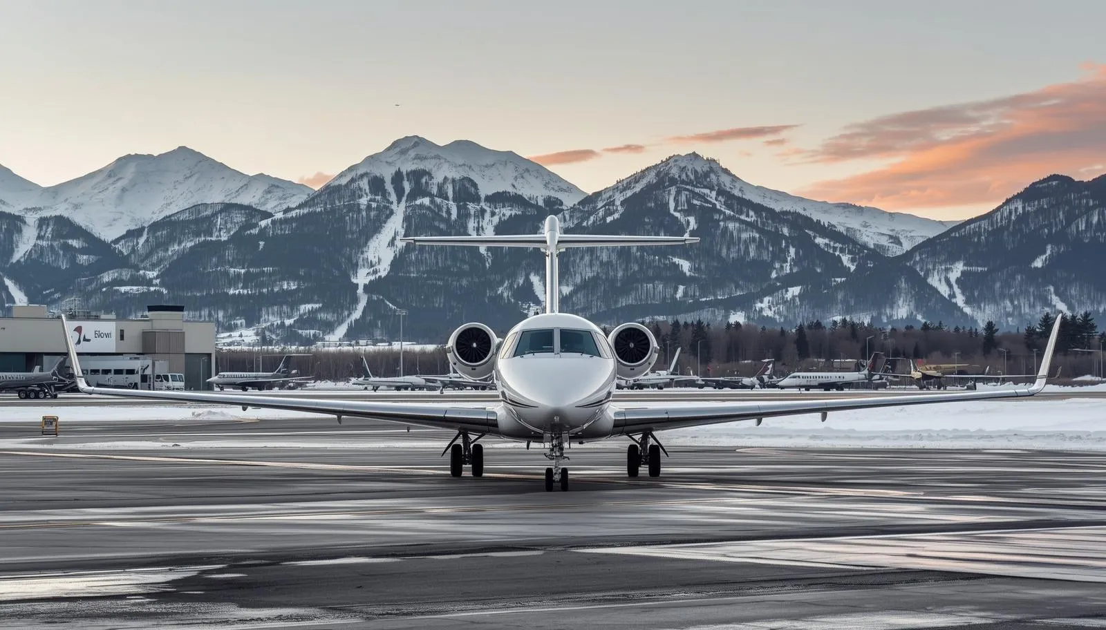 Private jet parked at Aspen Pitkin County Airport in the winter